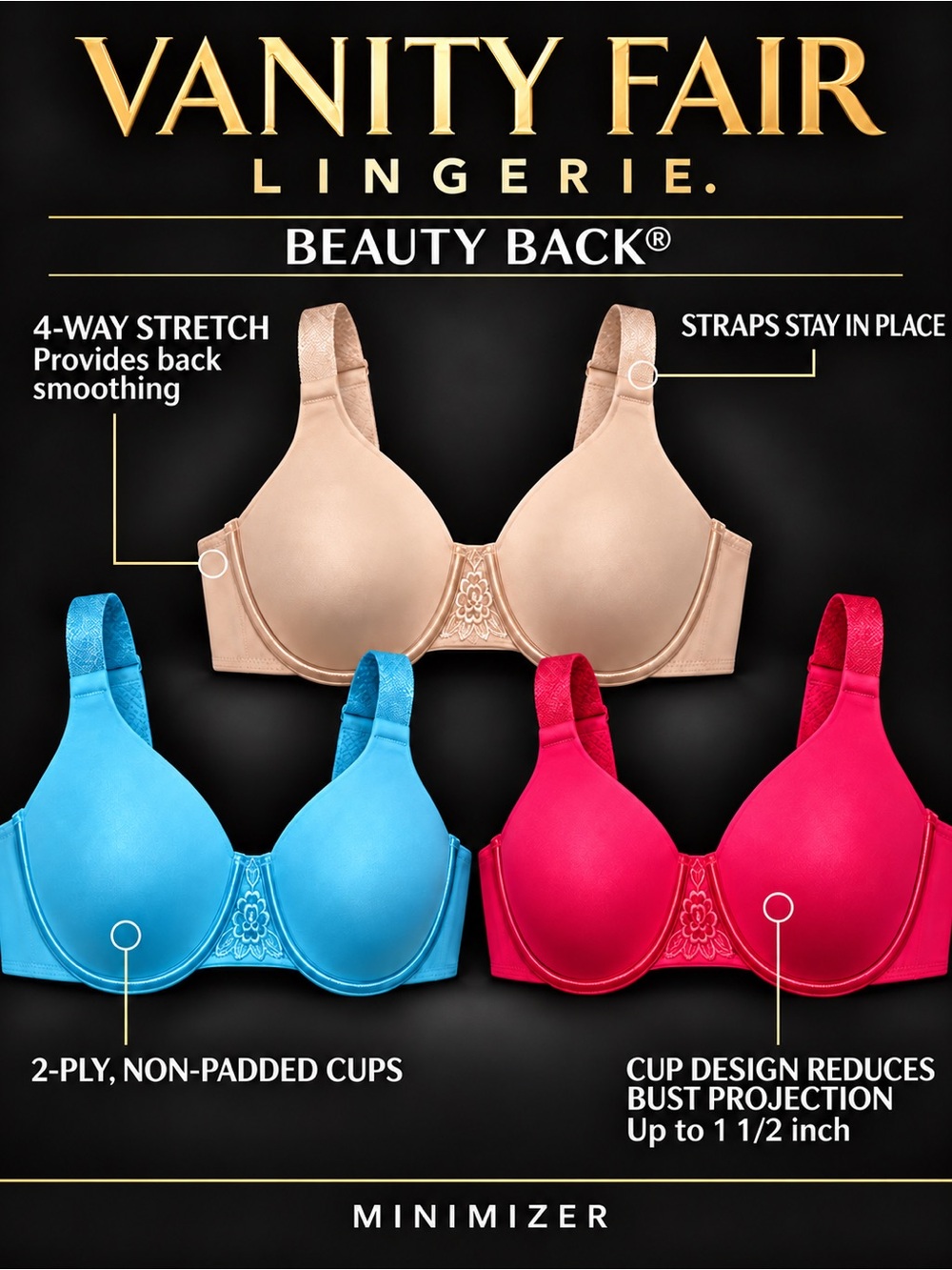 (3) Vanity Fair Beauty Back 36DD Underwire Bras Bundle Pink Blue Tan Adjustable